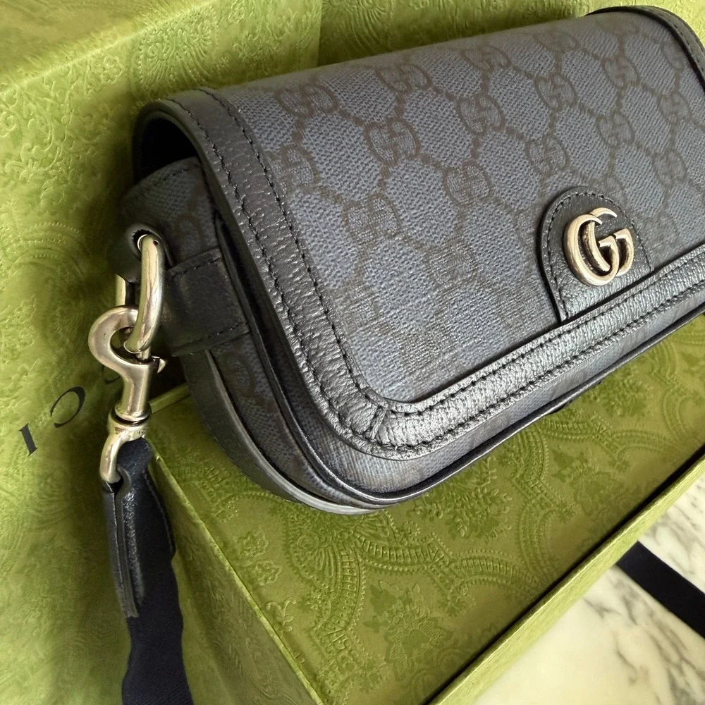 Gucci Ophidia Super Mini Shoulder Bag Navy Blue GG Supreme canvas, NEW 795466